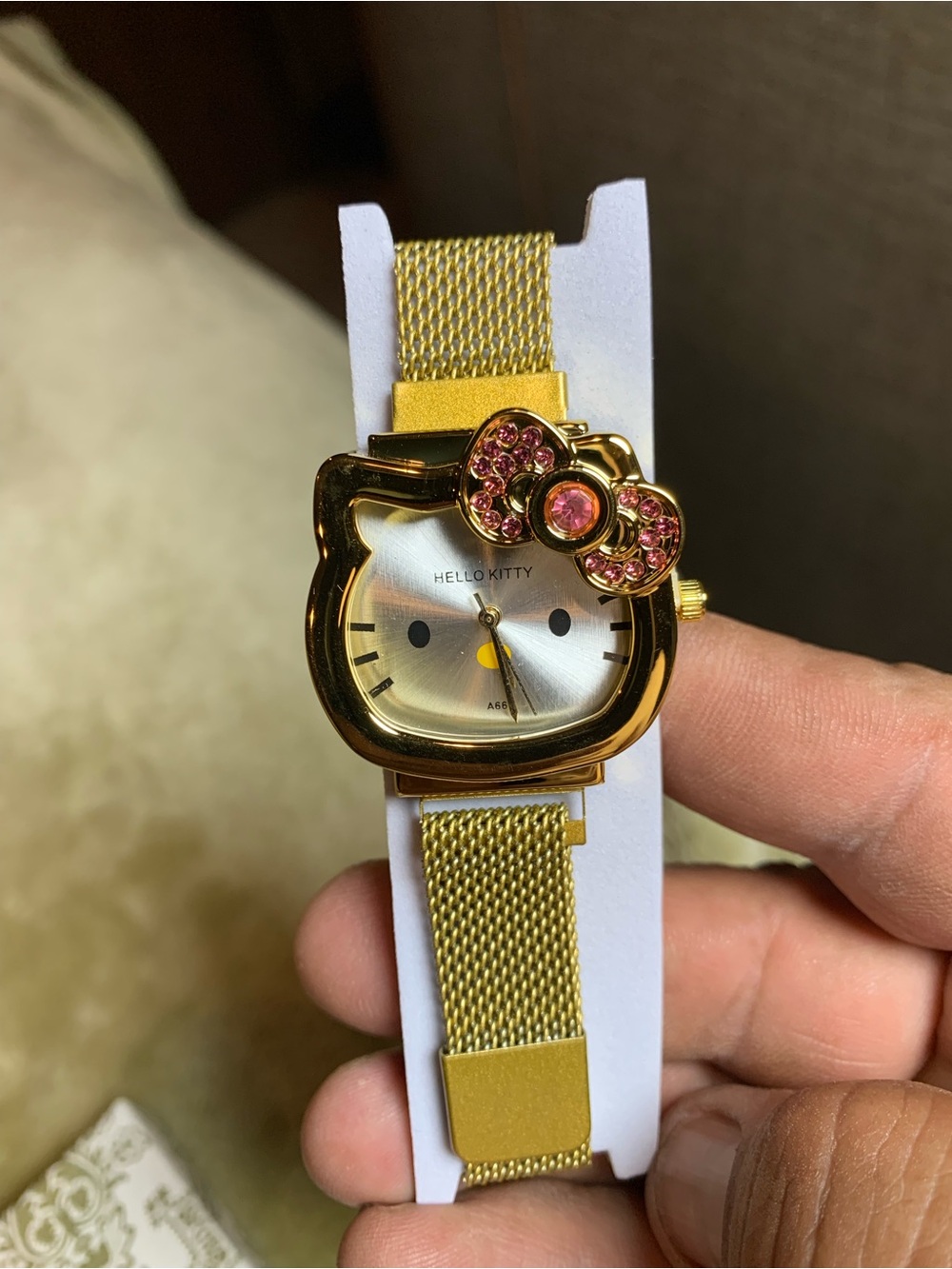Hello Kitty Gold Mesh Watch with Pink Crystal Bow